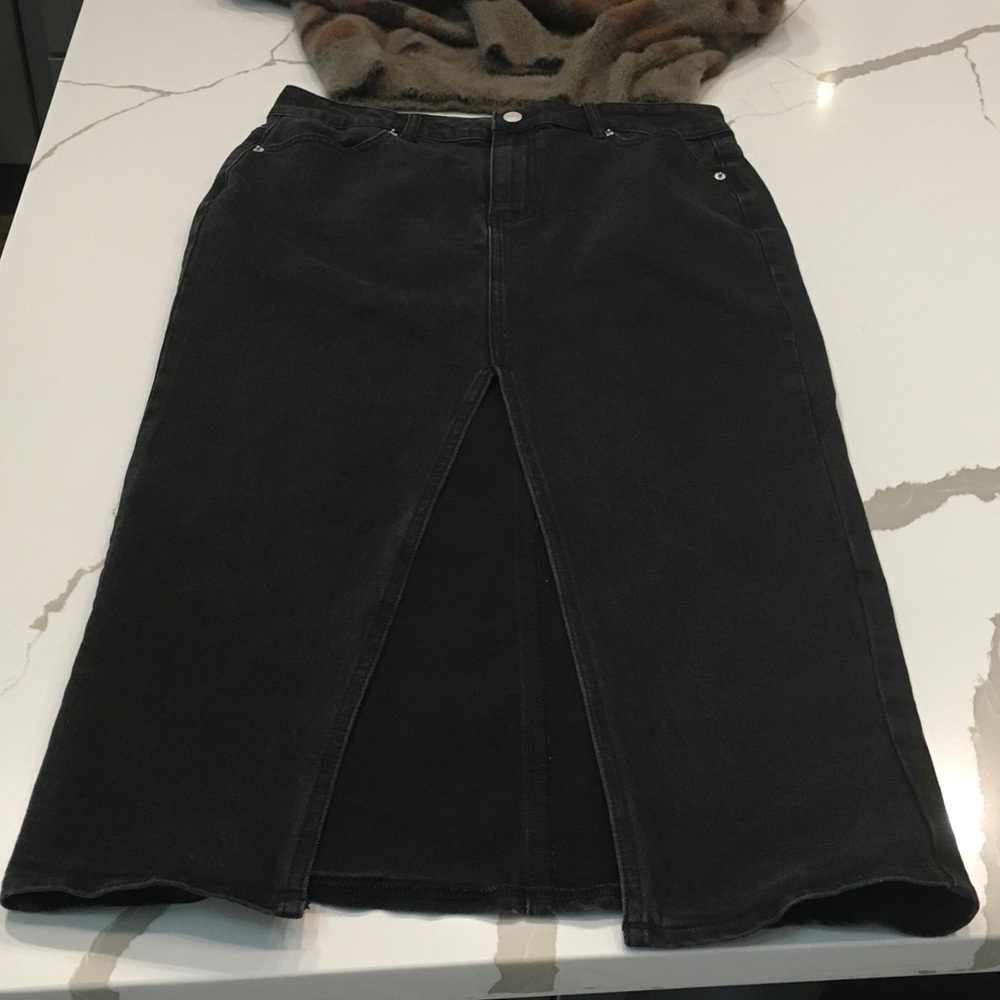 Meshki Black Pencil Skirt Large Katie Midi Denim Fly Zip Metal Button Whimsical
